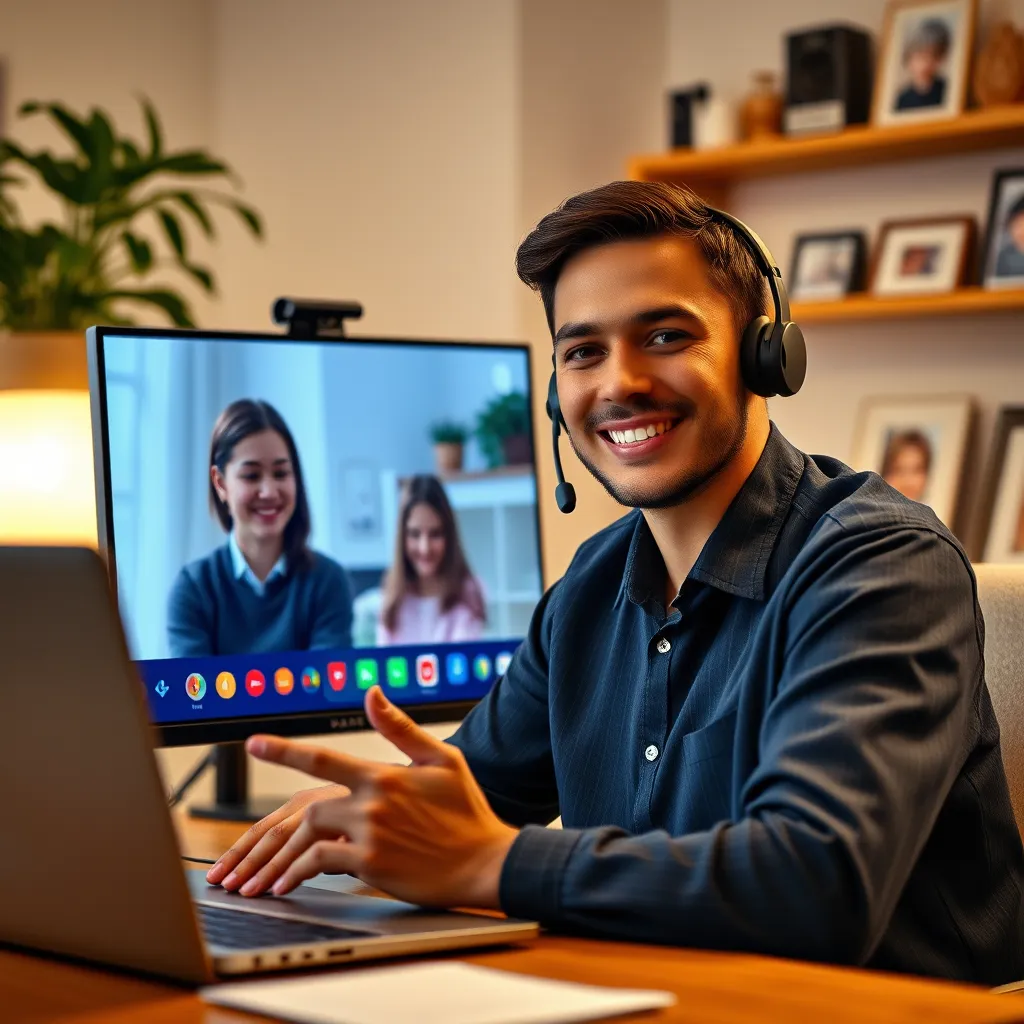 A friendly customer support representative on a video call with a customer, showcasing a warm and engaging interaction. The background features personal touches, like a plant and family photos, to create a relatable atmosphere.