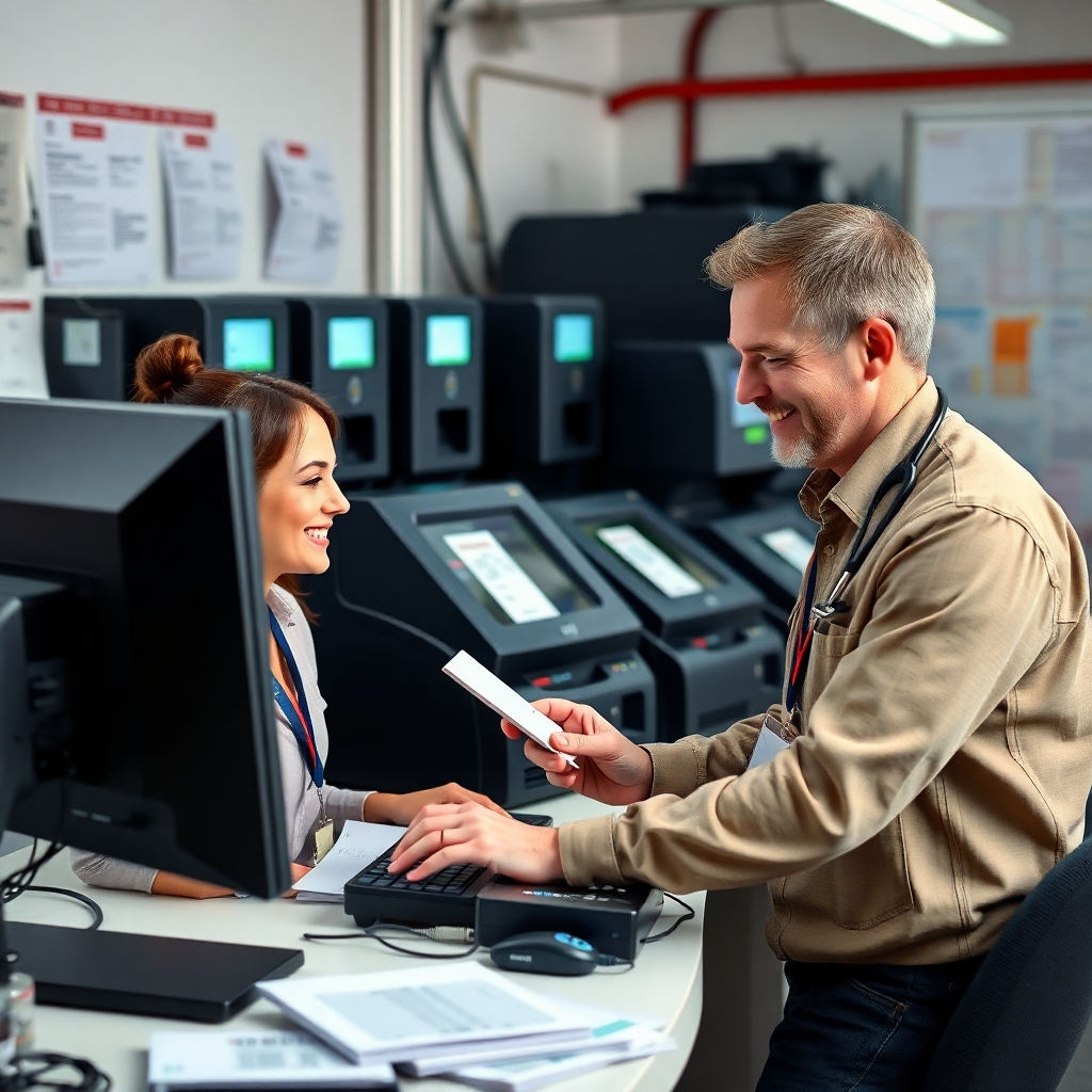 A friendly technician assisting a customer over a computer, with an array of ID card printing machines visible in the background. The image should be photorealistic, capturing the helpful nature of the interaction, with soft lighting and a clean workspace to enhance professionalism and trust. Various technical manuals and diagnostic tools can be included to emphasize knowledge.
