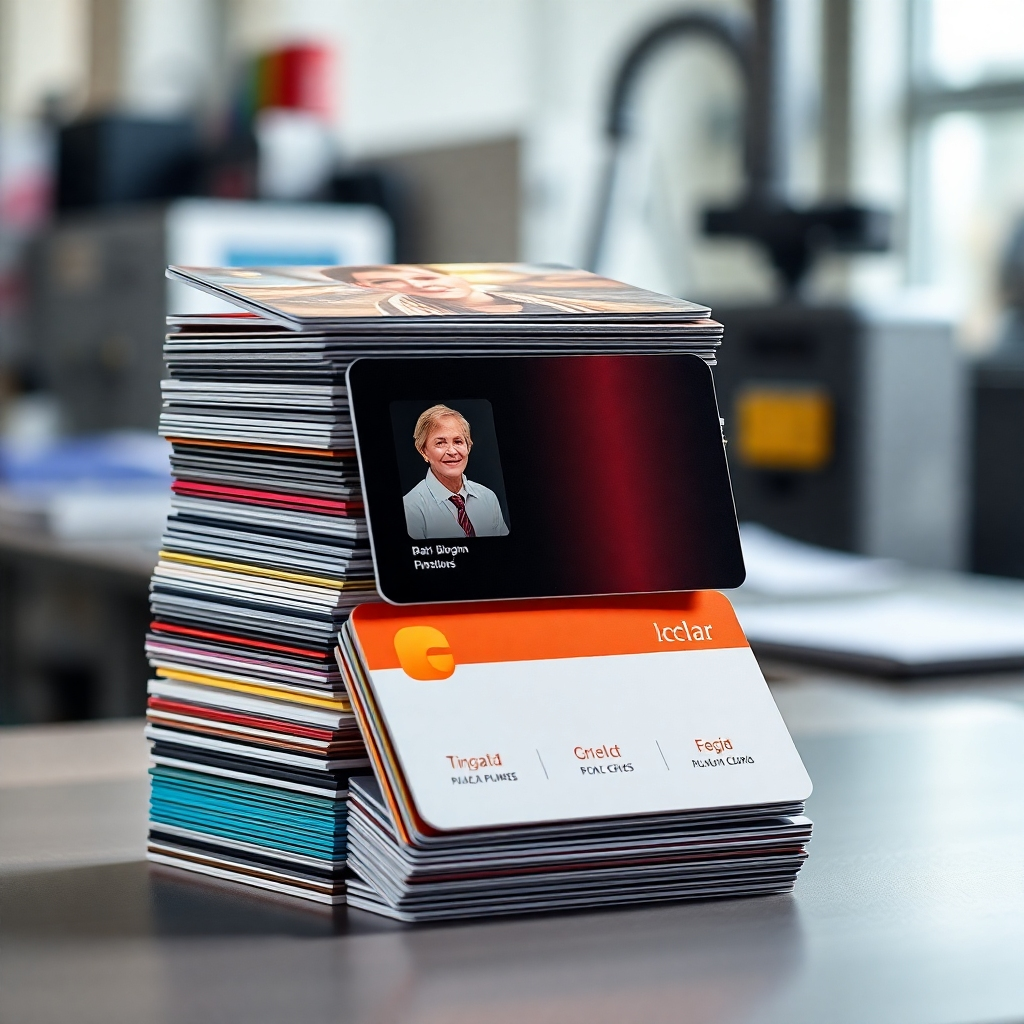 A high-quality, photorealistic image featuring an assortment of ID cards stacked and displayed artistically, showcasing various designs, sizes, and materials. Soft lighting highlights the glossy finishes of each card while a blurred workstation is visible in the background, indicating a busy printing environment. The cards' colors should pop against a neutral backdrop, drawing attention to their unique features and quality.