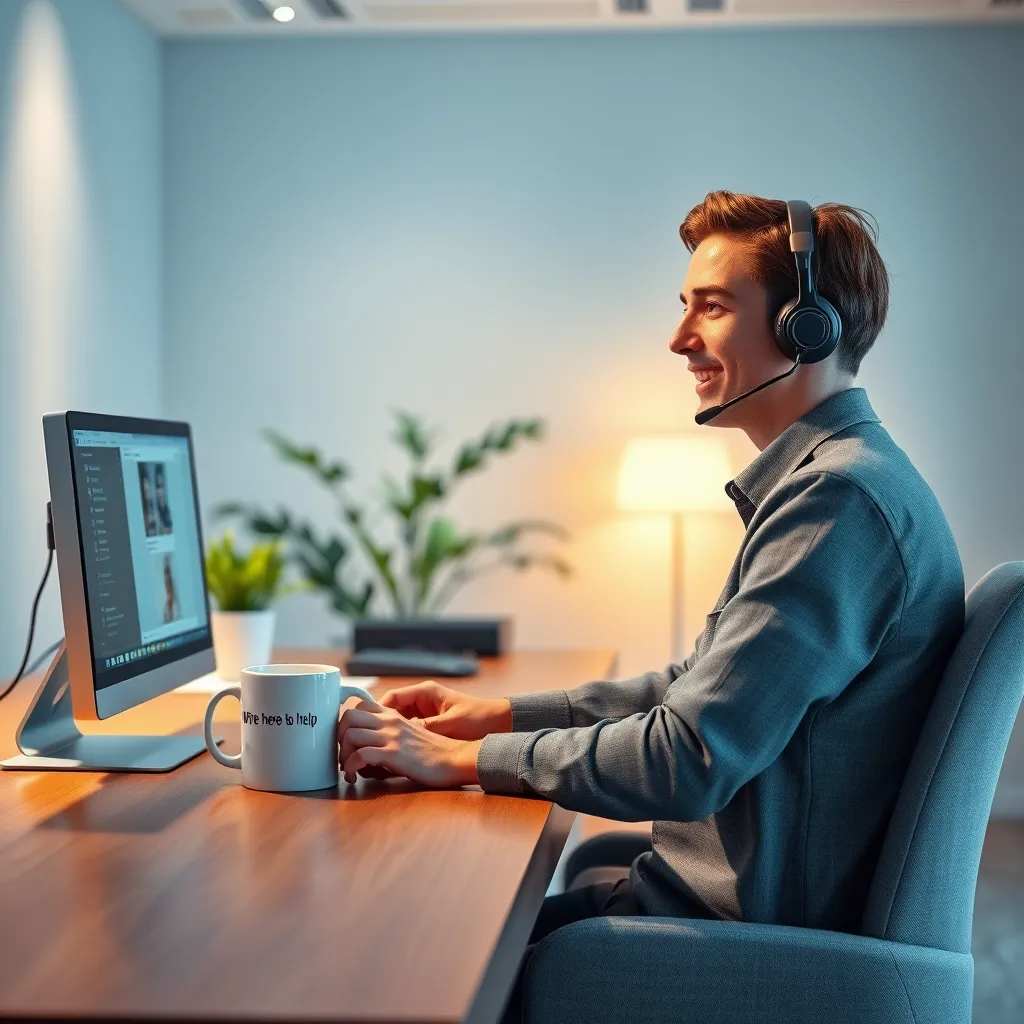 A modern customer support scene depicting a friendly service agent at a sleek desk, surrounded by efficient technology. The room is well-lit with soft diffused lighting, creating a warm and inviting atmosphere. A color palette of light blues and greens conveys tranquility. The camera angle is slightly elevated, giving a clear view of the agent engaged in a conversation, wearing a headset. Textures include polished wooden desk surfaces and a soft fabric chair. Environmental elements feature a plant in the background and a computer with a chat interface. Add a mug that says 'We're Here to Help' next to the computer. The style is hyperrealistic, with ultra-detailed textures, focusing on 8K resolution to capture facial expressions and the modern workspace ambiance.