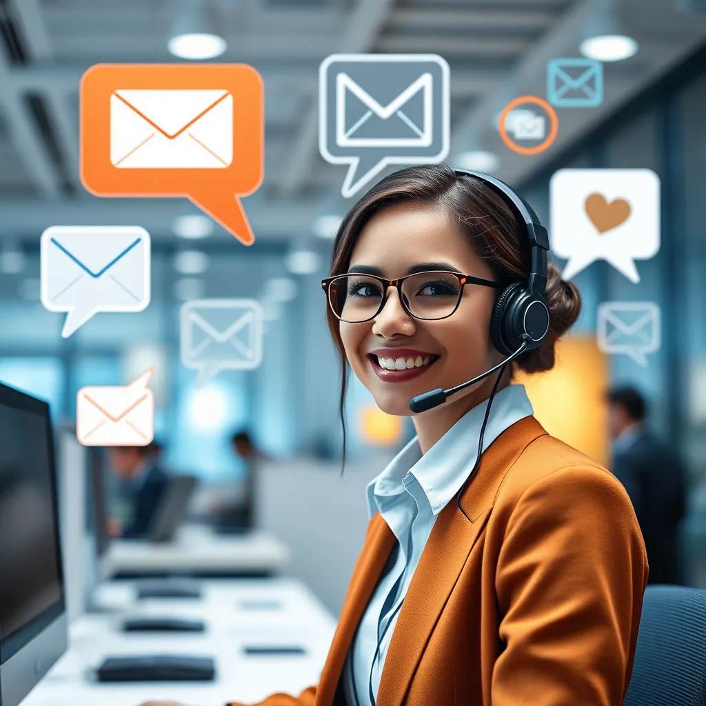 A modern office environment showing a friendly customer service representative speaking into a headset. The background includes multiple communication icons like email, phone, and chat bubbles. The atmosphere is welcoming and professional.