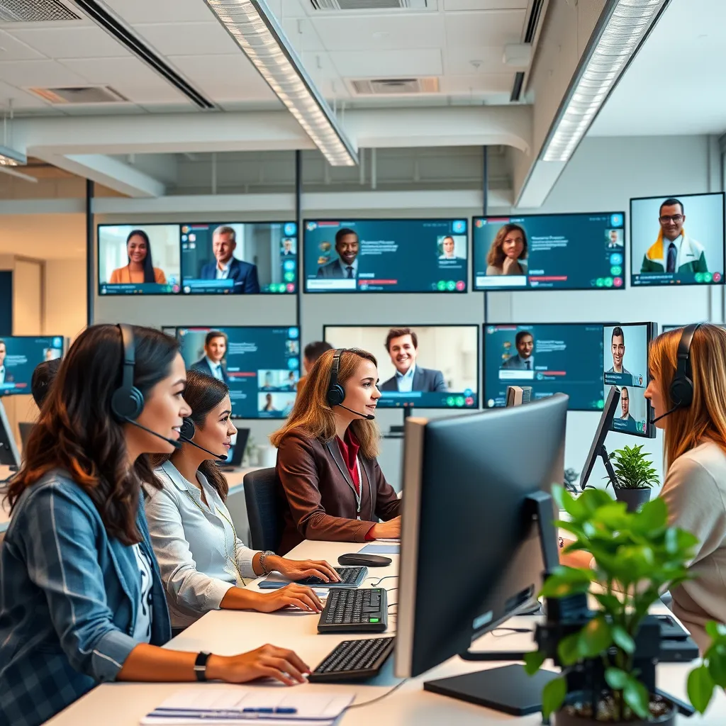 A modern office scene showing a diverse team of customer service representatives engaging with clients through live chat on multiple screens. The environment is bright and welcoming, highlighting teamwork and efficient communication.