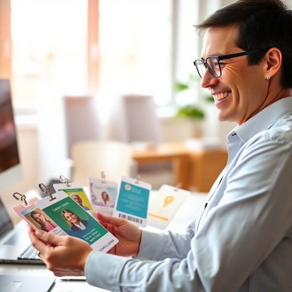 A photorealistic image featuring a happy customer reviewing their custom-designed ID cards in a bright office setting. The ID cards should exhibit varying designs and colors, showcasing the manual creative process. Natural light fills the room, enhancing the vibrant colors of the cards and reflecting on the customer's satisfied expression.