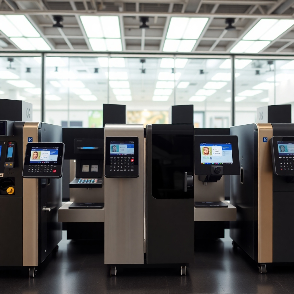 A photorealistic image showcasing a comparative view of various ID card printing machines side by side, highlighting their distinctive features. The setting should resemble a tech showroom with bright lighting, creating an inviting atmosphere for potential customers. Each machine should be highlighted with a focus on its control panel and ID card output. The color palette can incorporate tech-inspired metallic finishes, promoting advancement in printing technology.
