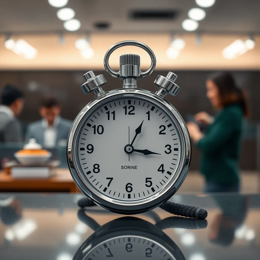 A stopwatch with a blurred background of a busy customer service desk. The stopwatch is prominently displayed, suggesting speed and urgency, while staff members efficiently assist customers in the background.