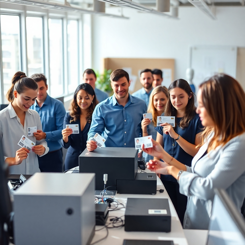 A stylized, photorealistic image representing a diverse team in an office, engaged in the ID card printing process. The scene captures employees working with cutting-edge printing machines and displaying freshly printed ID cards. Bright, natural lighting floods the workspace, creating a welcoming atmosphere. The color palette should showcase soft blues and greys, reflecting innovation and professionalism. The picture should be taken from a slightly elevated angle, bringing attention to the activities and the expressions of focus and collaboration. Style references include modern office environments, with technical specs of 4K resolution for vivid details.