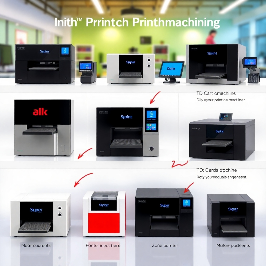A vibrant, photorealistic image displaying ID card printing machines from top brands arranged in an eye-catching layout, with each brand logo prominently featured. Bright lighting makes the machines gleam, and an attractive background reflects a printing studio environment. Each machine's features should be subtly highlighted with arrows and brief descriptions overlaid, giving viewers a thorough understanding of their options.