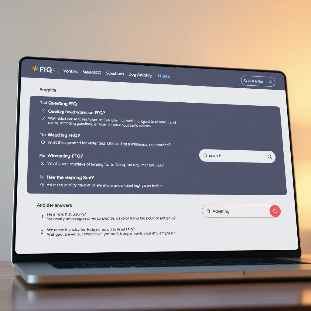 A visually appealing website interface displaying a well-organized FAQ section with clear categories and questions. Include graphics of question marks and search icons to emphasize the ease of finding answers online.