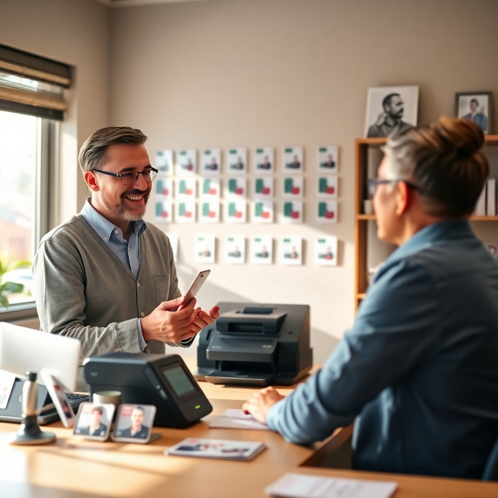 A warm, inviting photorealistic image of a consultant helping a client select the right ID card printer in a cozy office environment. The consultant's friendly expression and the array of ID cards and machines on display make for a relatable scene. Natural sunlight streams through a nearby window, enhancing the atmosphere and providing clarity on the options available. This image should evoke trust, support, and partnership in making purchasing decisions.