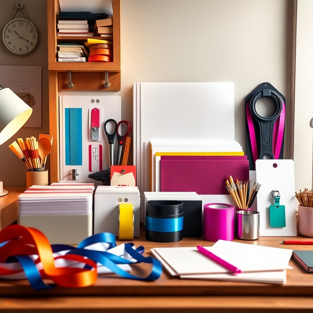 A well-organized, photorealistic display of ID card supplies such as ribbons, card stocks, and accessories, arranged on a stylish workspace. The lighting should be warm and inviting, creating a cozy feel. Rich colors from the supplies should stand out against a simple backdrop, letting viewers appreciate the quality and variety of products. Textures like the smoothness of the card stock and the sheen of the ribbons should be clearly visible.