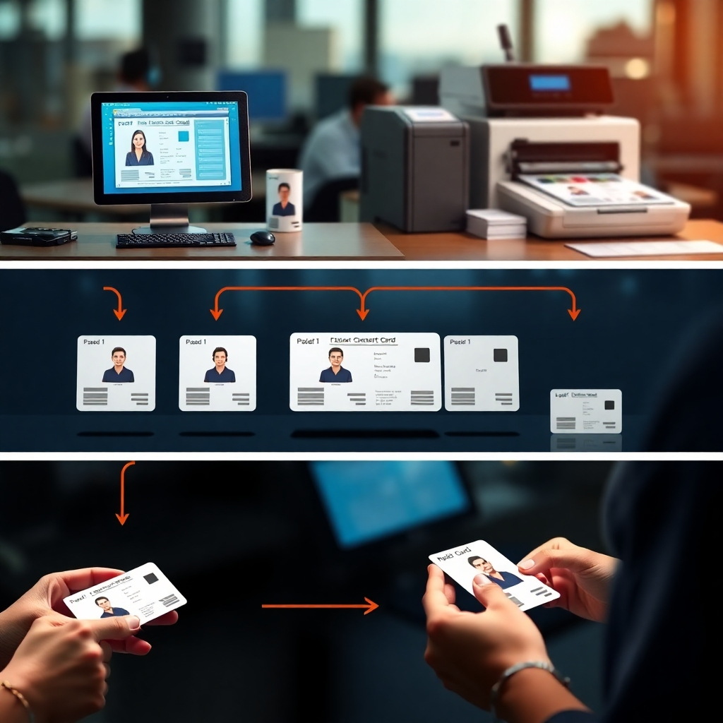 An engaging, photorealistic image illustrating the entire process of ID card printing in a step-by-step format, from design on a computer screen to printing on a machine, to final inspection of the cards. The composition should sequentially display each stage with clarity and emphasis, utilizing vibrant colors and professional lighting to reflect efficiency and quality in the ID card production process.