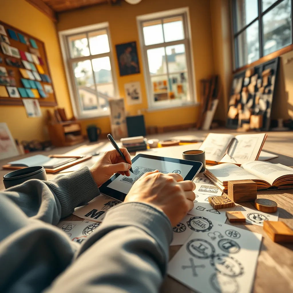 An engaging workspace featuring a designer drafting a custom rubber stamp design on a tablet. The scene is illuminated with bright, natural light coming through a large window, creating an inspiring atmosphere. The color palette features warm yellows and earthy tones, suggesting creativity and craftsmanship. The camera perspective is eye-level, focusing on the designer's hands as they sketch, surrounded by various stamp samples. Textures include the smooth surface of the tablet and the soft paper scattered with designs. Environmental elements show a mood board with color swatches and design inspirations on the wall. Include a cup of coffee and an open sketchbook with ideas. The image is rendered in an ultra-detailed, photorealistic style, emphasizing textures and design elements in 8K resolution.