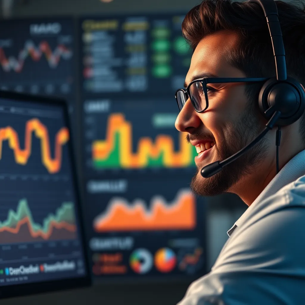An image of a customer service agent wearing a headset, engaged in a conversation with a customer. The background shows charts and graphs on a screen, symbolizing data-driven support. The agent has a warm and attentive expression.