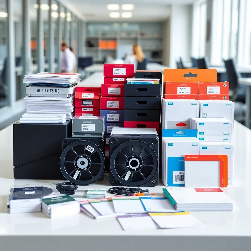 An organized, photorealistic display of various ID card printing supplies laid out neatly in an office setting. Bright lighting captures the different types of ribbons, card stocks, and holders, making them visually appealing. The background should be subtle to keep the focus on the supplies, while small indicators could highlight product features.