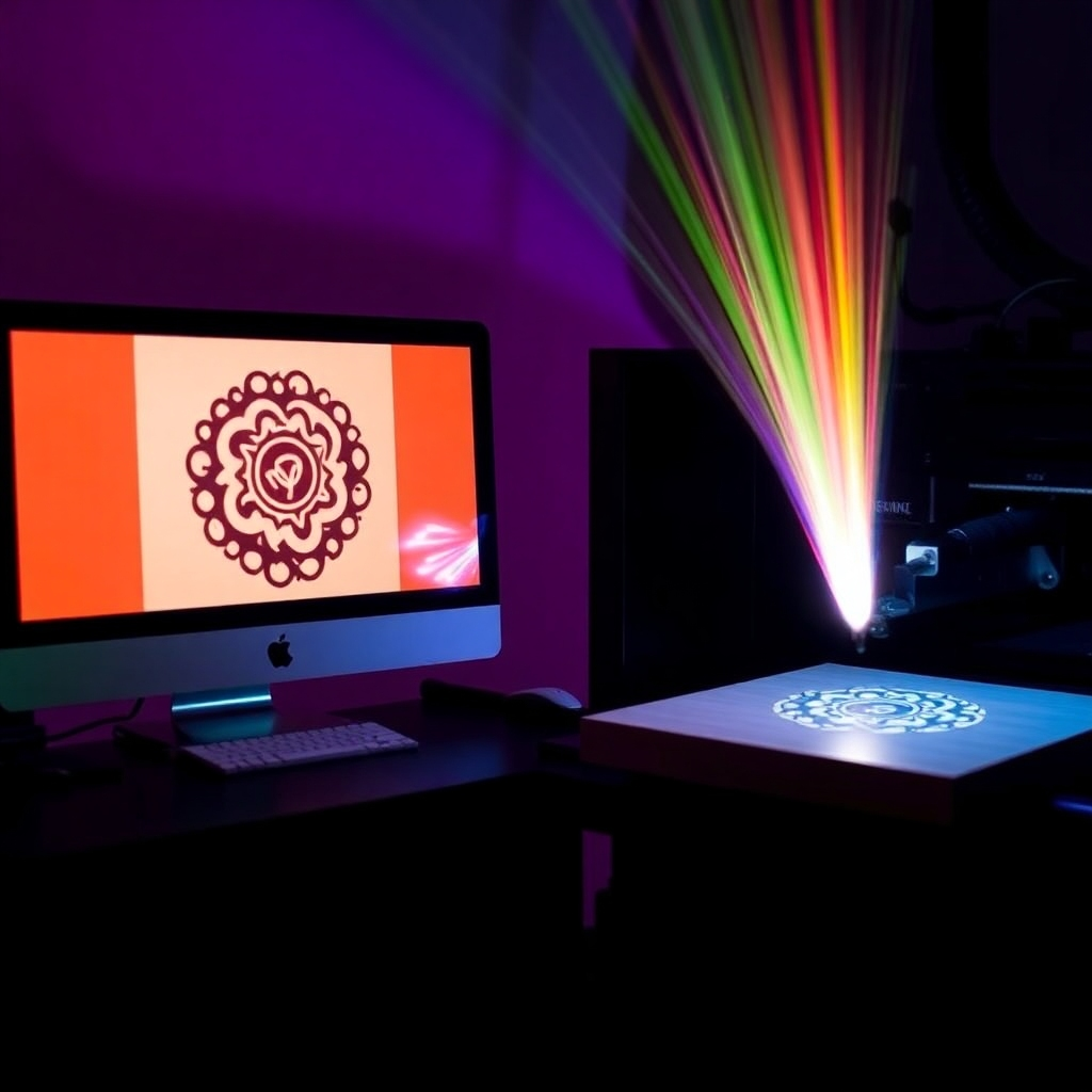 Create a captivating visual that shows the transformation of a digital design into a physical engraved product. The demonstration should feature a computer screen displaying a digital design, with the CNC machine actively engraving it on a material piece beside it. Use contrasting colors between the computer's screen and the machine's working area to showcase the transition from virtual to real. The lighting should create a dynamic effect, emphasizing the process flow and creativity involved.