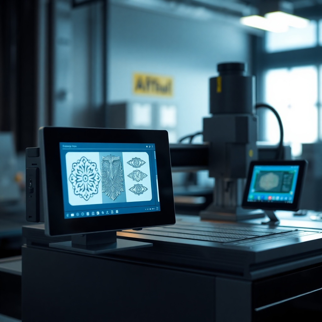 Create a dynamic visual featuring a high-tech CNC engraving machine equipped with state-of-the-art software. The scene should display a screen showcasing intricate designs being programmed for engraving. Soft, focused lighting should draw attention to the machine's sleek design and modern aesthetic. Include elements such as digital displays and control panels that reinforce the concept of innovation in CNC engraving. The background should be slightly blurred to emphasize the machine's detailed features, embodying a modern industrial style.