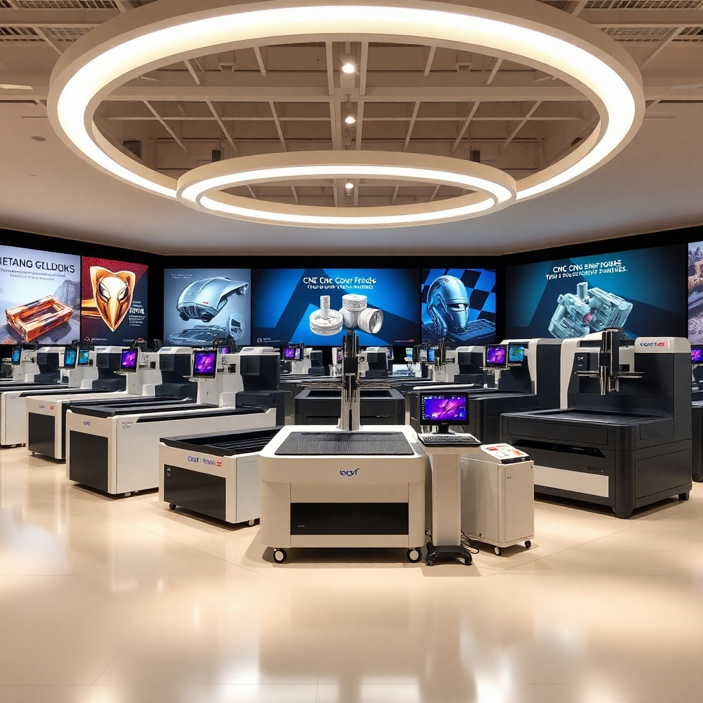 Create a visual showcasing a variety of CNC engraving machines on display in a well-lit showroom. Highlight different models with distinct features and details, arranged neatly to allow clear visibility. Utilize bright, inviting lighting to emphasize the machines' craftsmanship and modern design. The background should include promotional displays emphasizing the capabilities of each machine, creating a warm and informative shopping environment.