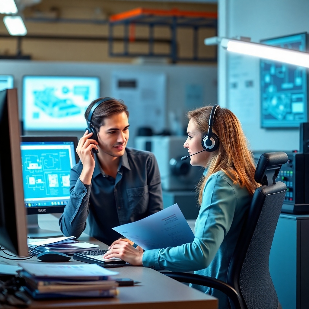 Depict a scene where a technical support team is assisting a customer over the phone, surrounded by machines and operational manuals. The environment should be professional, with bright lighting creating an atmosphere of trust and assistance. Elements such as computer screens displaying technical diagrams can be included to convey a sense of detailed knowledge and dedication to customer service.