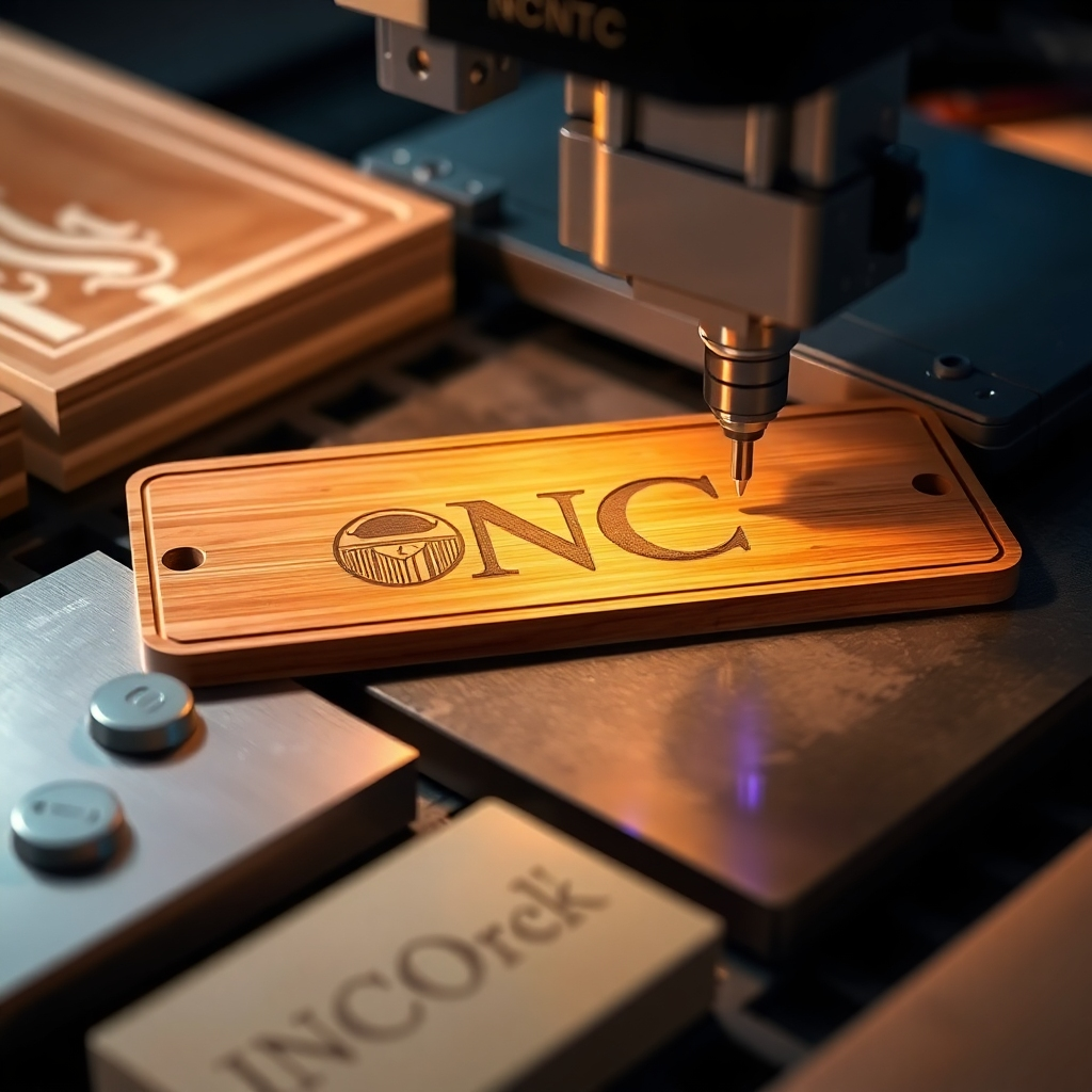 Depict a variety of materials being engraved by a CNC machine, including wood, metal, and plastic, in a visually appealing layout. The image should display the different textures and finishes of each material, showcasing the machine's versatility. Incorporate dramatic lighting to enhance the contrast between the engraved and non-engraved surfaces, emphasizing the precision of the cuts. The composition should be vibrant and engaging, appealing to potential customers looking for multisurface engraving solutions.