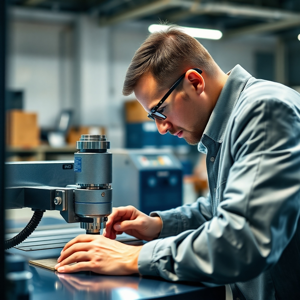 Design a photorealistic image that captures the essence of CNC Engraving as a supplier of advanced machines. The scene should display a well-designed workshop environment where a professional is operating a CNC engraving machine, focusing intently on the intricate engraving process. The lighting should be bright and inviting, highlighting the precision of the machine with sharp detail. Include textures such as polished metals and rich wood grains in the composition. The color palette should convey professionalism, with shades of blue and silver dominating. Style references could include modern industrial aesthetics. The image should maintain a 4K resolution and high-quality presentation.