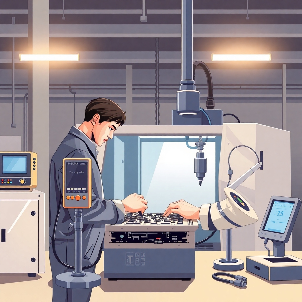 Illustrate a quality control scene where a technician inspects a CNC engraving machine after production. Capture the detailed focus of the technician examining intricate components under bright workshop lighting. Show various testing instruments nearby, emphasizing the thoroughness of the quality assurance process. The colors should be neutral and technical, conveying a sense of reliability and trustworthiness. This image should reflect the commitment to excellence and quality in every machine we deliver.
