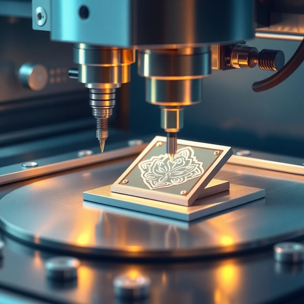 Illustrate a scene where a CNC engraving machine is meticulously crafting an embossing die. The image should highlight the machine's precision components and intricate detailing of the die being produced. Use close-up shots that capture the sharpness of the tools in action, surrounded by the glowing lights of the machine's interface. The color palette should consist of cool tones such as silver and blue, with warm highlights reflecting off metallic surfaces. The final image should evoke a sense of advanced technology and craftsmanship.