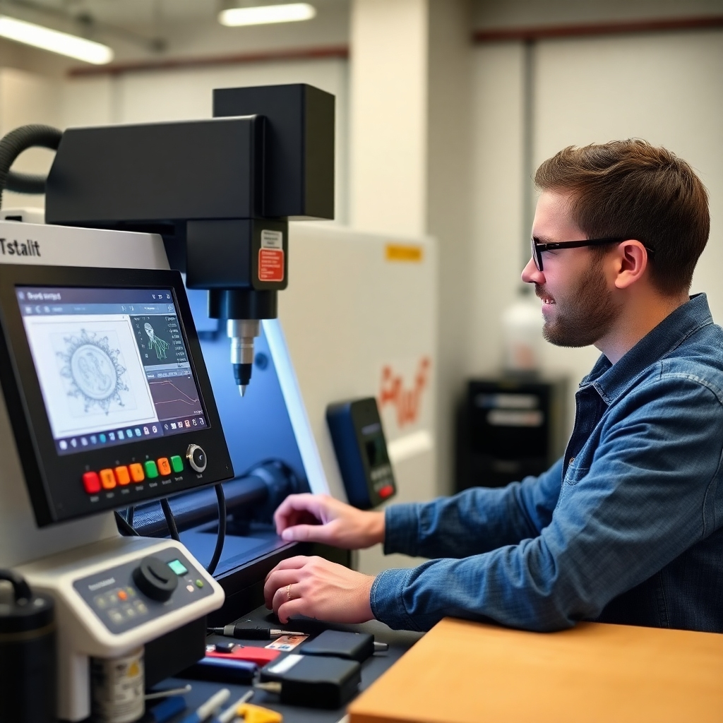 Showcase a user operating a CNC engraving machine with confidence, illustrating the user-friendly interface and intuitive controls. The image should capture the operator's focused expression, surrounded by neatly arranged tools and materials. Use bright, uniform lighting to highlight the machine’s control panel while maintaining emphasis on the engraving action. The atmosphere should exude a sense of empowerment and support for users of all skill levels, reflecting a welcoming and accessible environment.