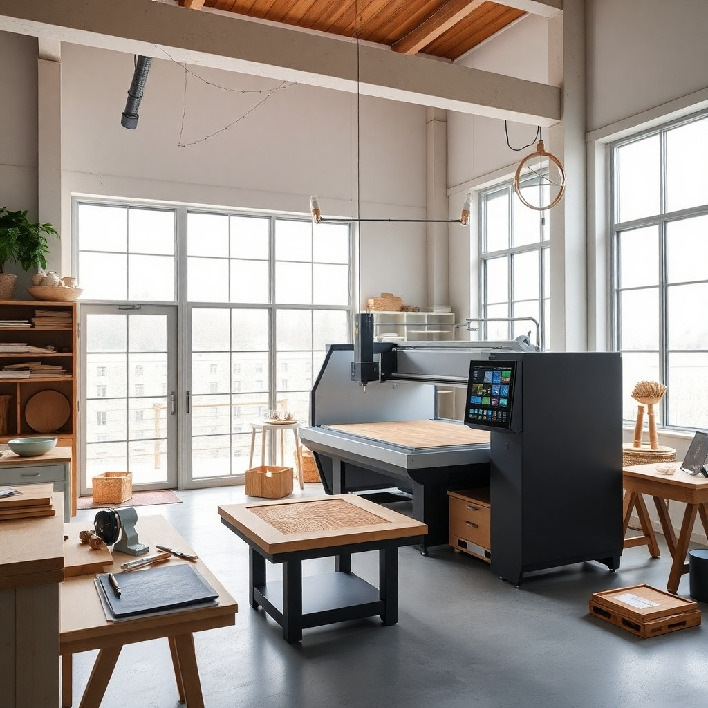 Visualize a contemporary workshop featuring a CNC engraving machine being used to create stunning pieces of art. The room should be bright and airy, filled with natural light coming through large windows. Highlight the machine's modern design with smooth textures and clean lines, while the workspace is organized with tools and materials neatly displayed. The overall atmosphere should feel creative and inspiring, encouraging artisans to enhance their craft with technology.