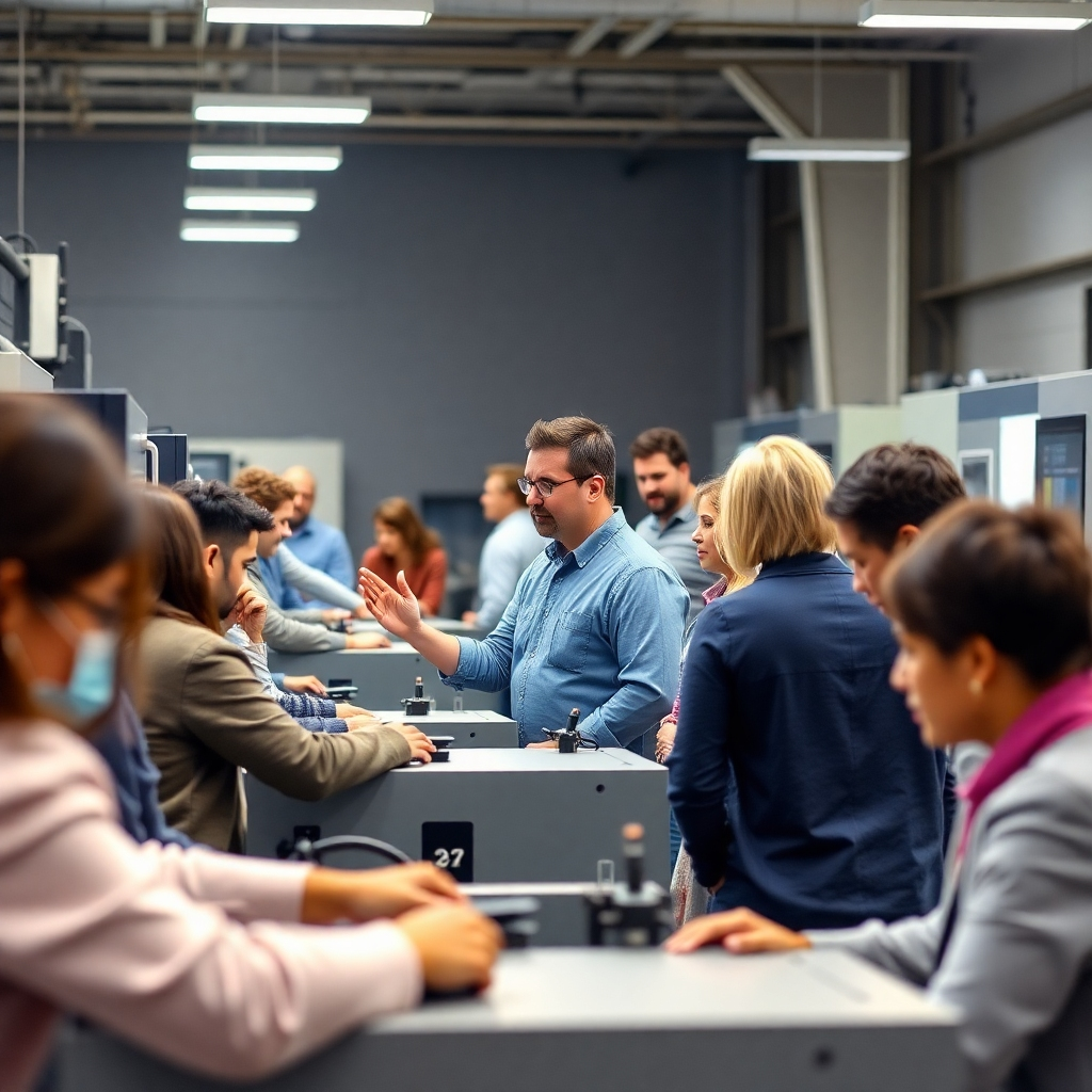 Visualize a training session taking place where instructors are guiding a diverse group of attendees in operating CNC machines. The setting should be engaging and hands-on, with bright lights illuminating participants actively using the machines and asking questions. The image should convey a sense of enthusiasm for learning, showcasing equipment and instructional materials that highlight our commitment to effective training.