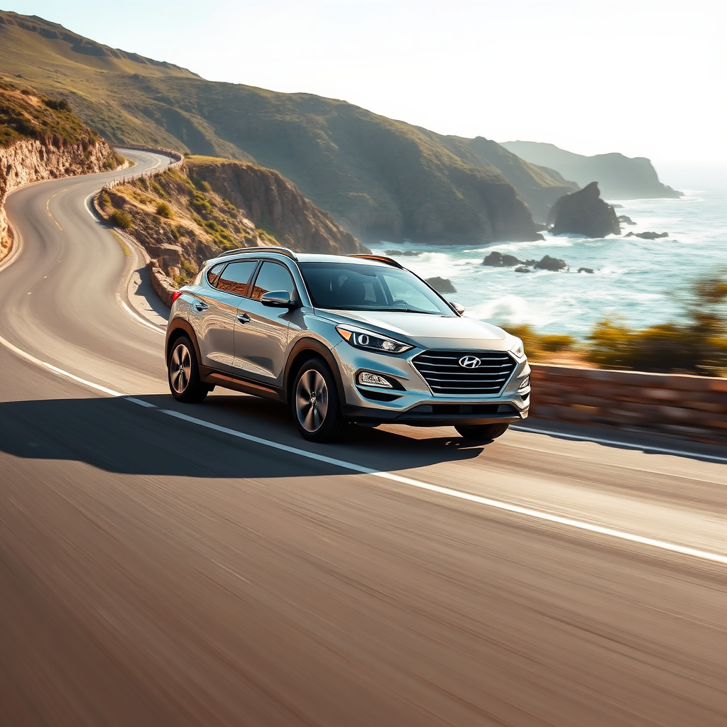 Create a dynamic image of the Hyundai Tucson Hybrid driving along a winding coastal road, showcasing its sporty design and agility. The lighting should be bright and sunny. Capture the details of the car's exterior and the scenic landscape. The camera angle should be a low-angle shot, emphasizing the car's speed and performance.