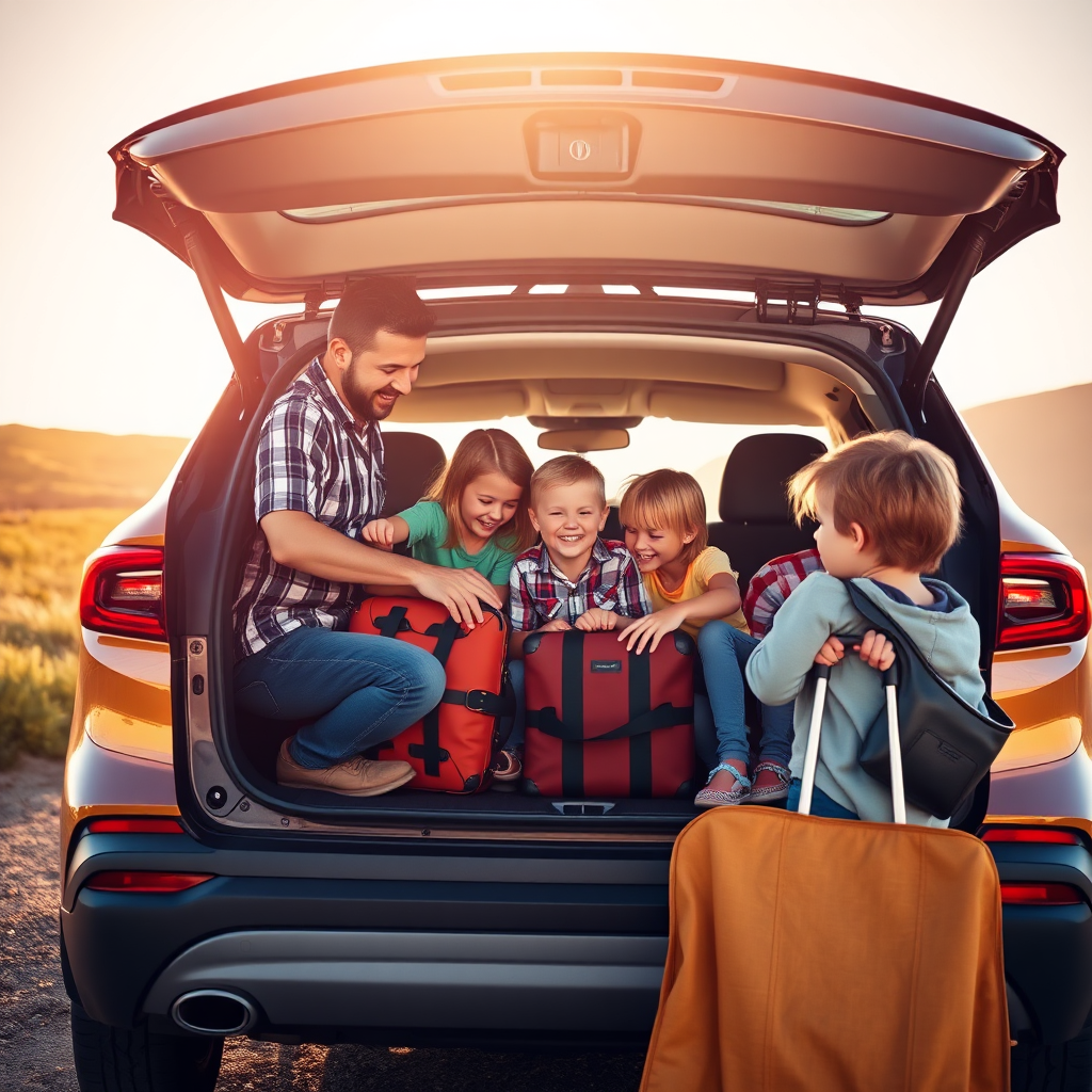 Create a heartwarming image of a family loading luggage into the trunk of a Hyundai Santa Fe Hybrid, preparing for a road trip. The lighting should be warm and cheerful. Capture the feeling of excitement and adventure. Style references include family-oriented advertising.