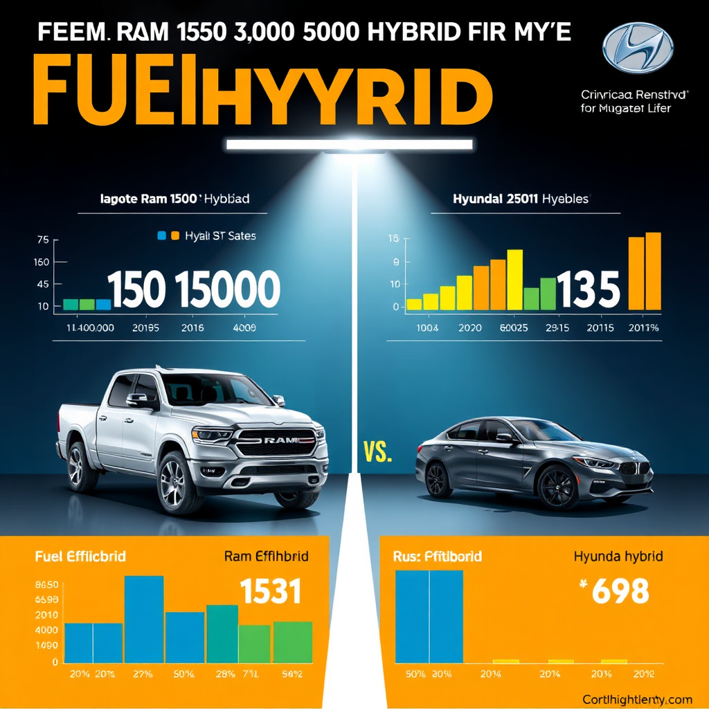 Create a high-quality image comparing the fuel efficiency of the Ram 1500 Hybrid and the Hyundai hybrid models in a visually appealing infographic style. Use graphs and charts to illustrate the data. The lighting should be bright and informative. The image should be easy to understand and engaging.