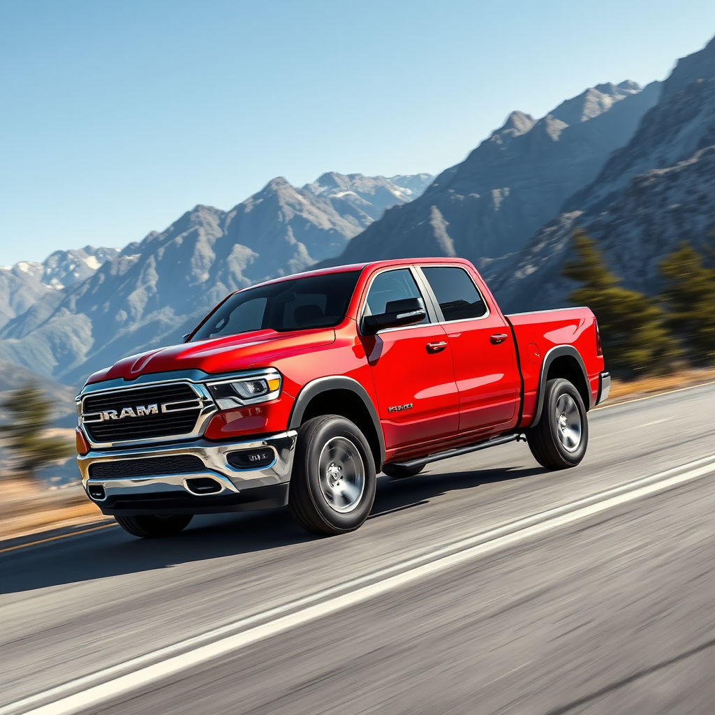 Create a photorealistic image of the Ram 1500 Hybrid accelerating on a mountain road, showcasing its power and capability. The background should feature a scenic mountain range. The lighting should be dynamic, highlighting the truck's muscular design. Capture the feeling of freedom and adventure.