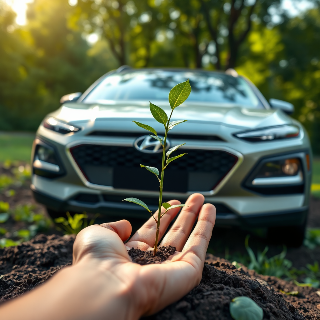 Create a photorealistic image of a hand gently planting a small tree sapling next to a Hyundai Kona Hybrid parked in a lush green environment. The lighting should be soft and natural. Focus on the texture details of the soil and the leaves. The image should convey a sense of environmental responsibility and harmony.