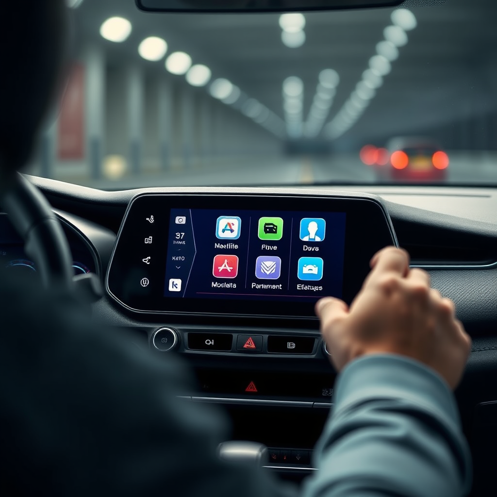 Create a photorealistic image showcasing the digital display of the Hyundai Kona Hybrid, highlighting its advanced infotainment system and driver-assistance features. The lighting should be soft and focused. Capture the details of the screen and the various icons. The image should convey a sense of modernity and innovation.