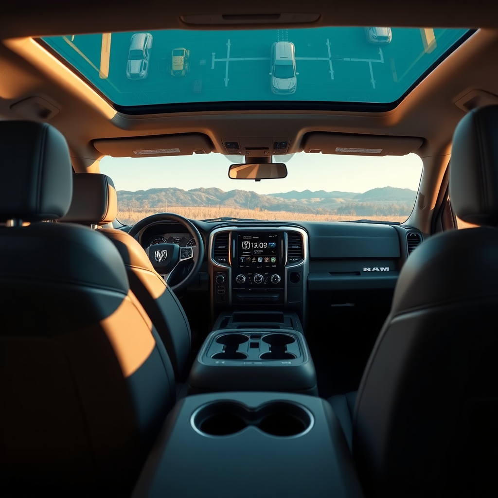 Create a photorealistic image showcasing the interior of the Ram 1500 Hybrid, focusing on its luxurious features and advanced technology. The lighting should be warm and inviting. Capture the details of the leather seats, the digital display, and the spacious cabin. Style references include luxury car interiors.