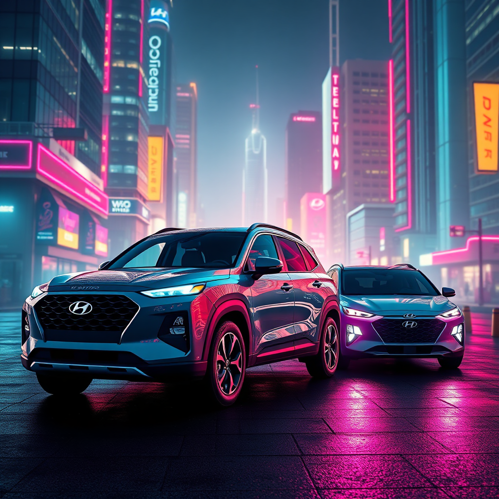 Create a stylized image of the Hyundai Tucson Hybrid, Santa Fe Hybrid, and Kona Hybrid parked in a futuristic cityscape. The lighting should be neon and vibrant, emphasizing their modern designs. Use a wide-angle lens to capture the entire scene. Style references include cyberpunk art.
