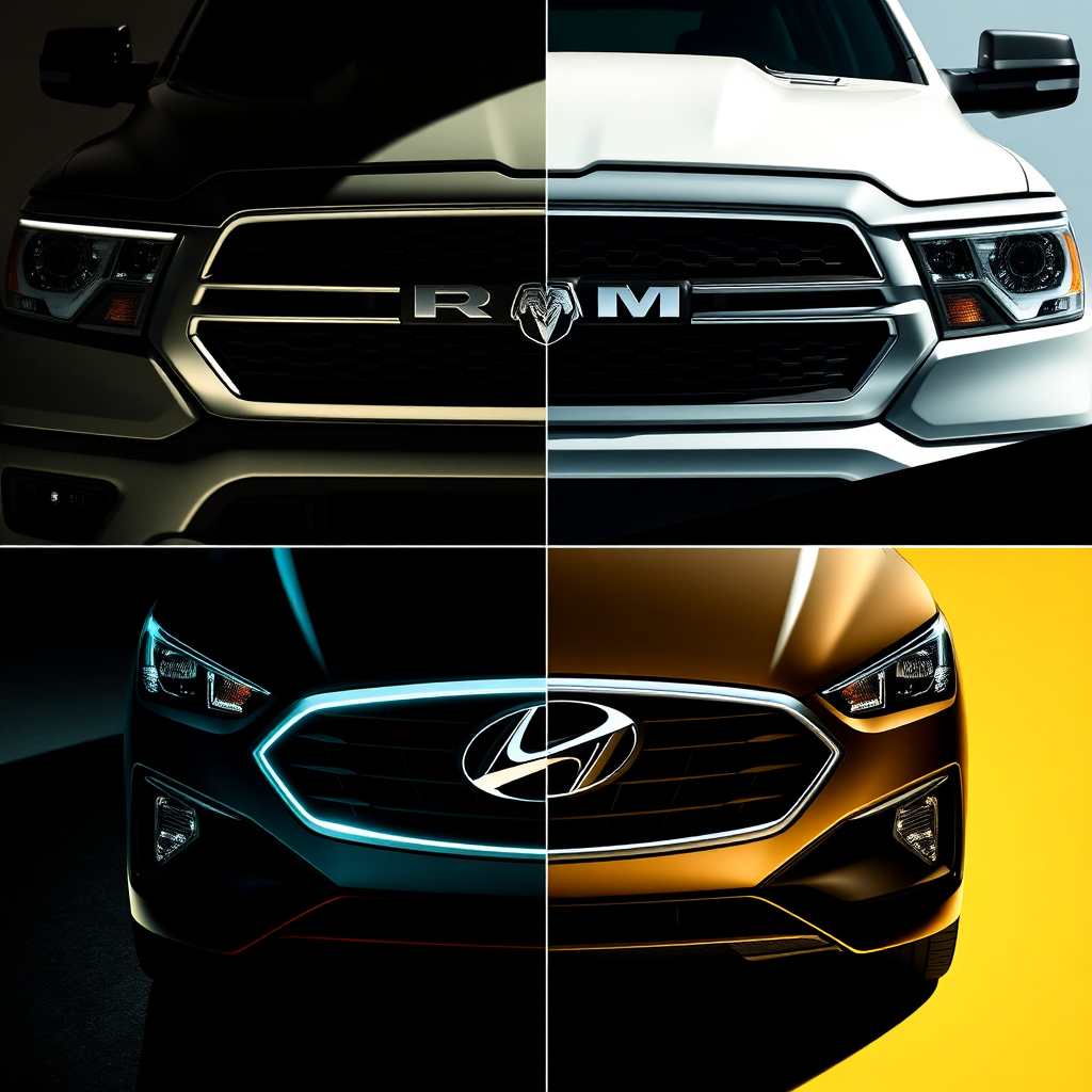 Create a stylized image showcasing the front grilles of the Ram 1500 Hybrid and the Hyundai hybrid models, highlighting their unique design elements. The lighting should be dramatic and eye-catching. Use geometric shapes and patterns to create a visually appealing composition. Style references include minimalist art.