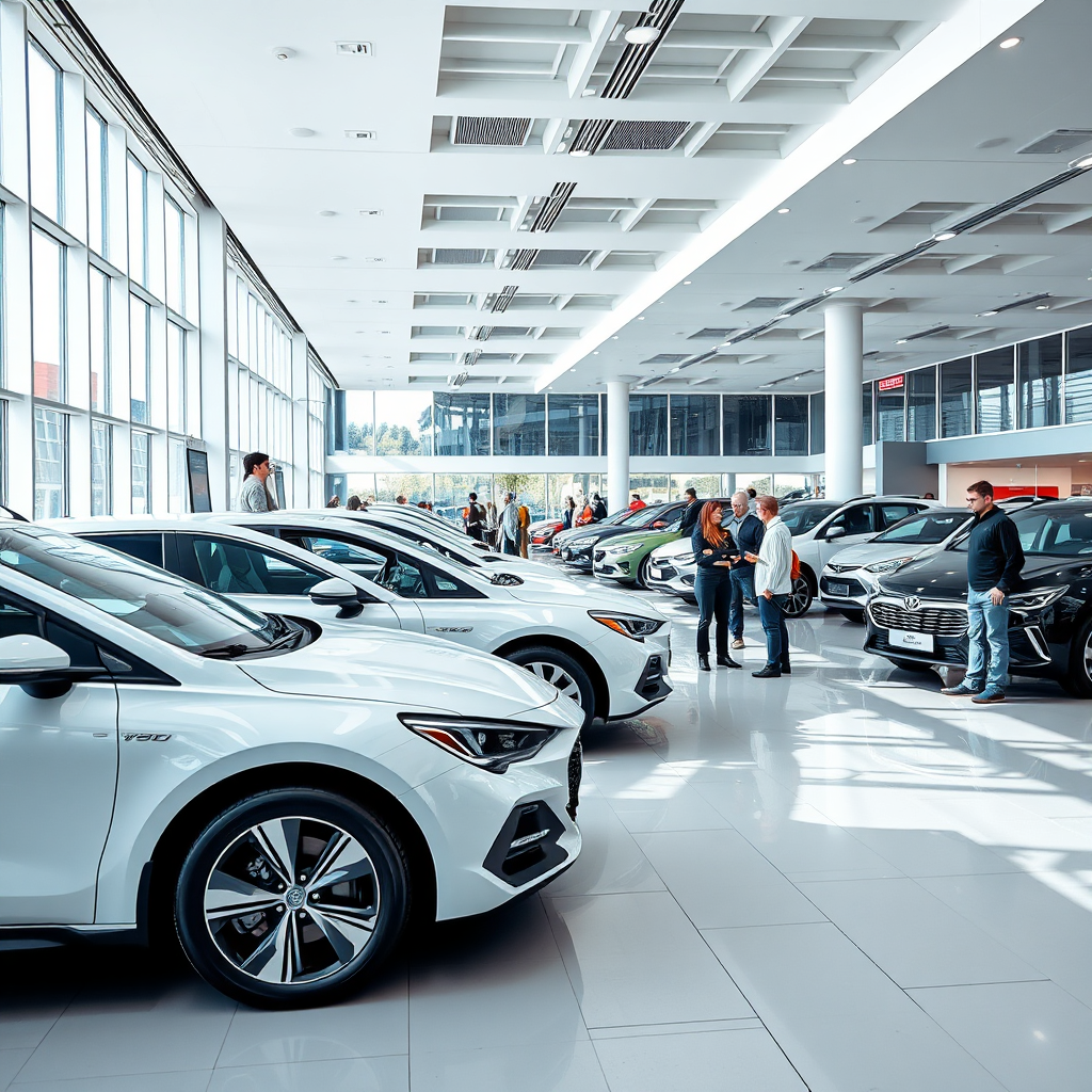 Create an image of a modern car dealership showroom with several hybrid vehicles on display. The lighting should be bright and inviting. Capture the excitement of customers browsing and interacting with the cars. Style references include architectural photography and automotive advertising.