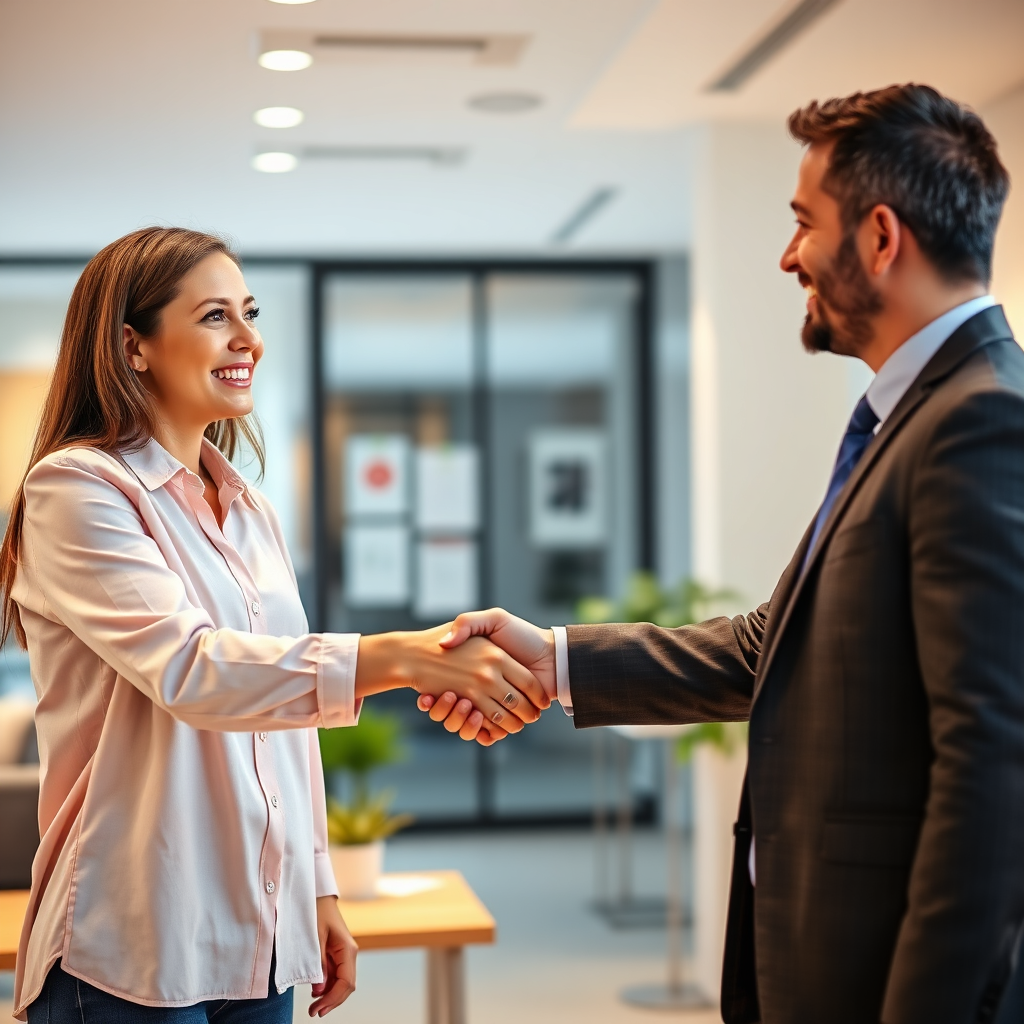 Create an image of a smiling customer shaking hands with a finance manager in a modern office setting. The lighting should be warm and friendly. Capture the feeling of trust and satisfaction. Style references include business photography and financial advertising.