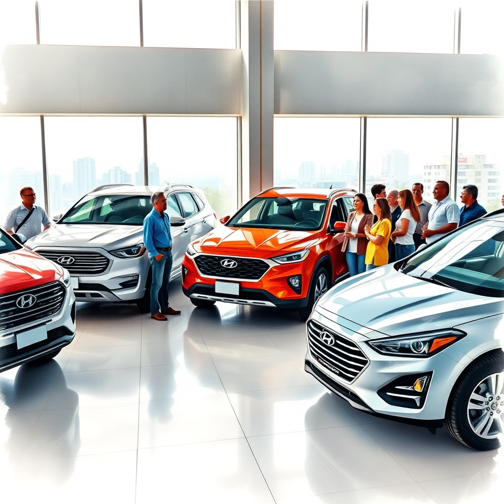Create a 4K resolution, high-quality image representing 'Carros Híbridos Medellín'. Depict a diverse group of people happily interacting with a Ram 1500 Hybrid and the Hyundai hybrid models (Tucson, Santa Fe, Kona) in a modern showroom setting. The showroom should have large windows showcasing the Medellín cityscape. The lighting should be bright and inviting, creating a sense of trust and excitement. Capture the details of the car interiors and exteriors, highlighting their innovative features. The composition should be balanced, with the cars as the central focus and the people adding a human element. Style references include modern architectural photography and automotive advertising. The image must convey a sense of innovation, sustainability, and customer satisfaction.