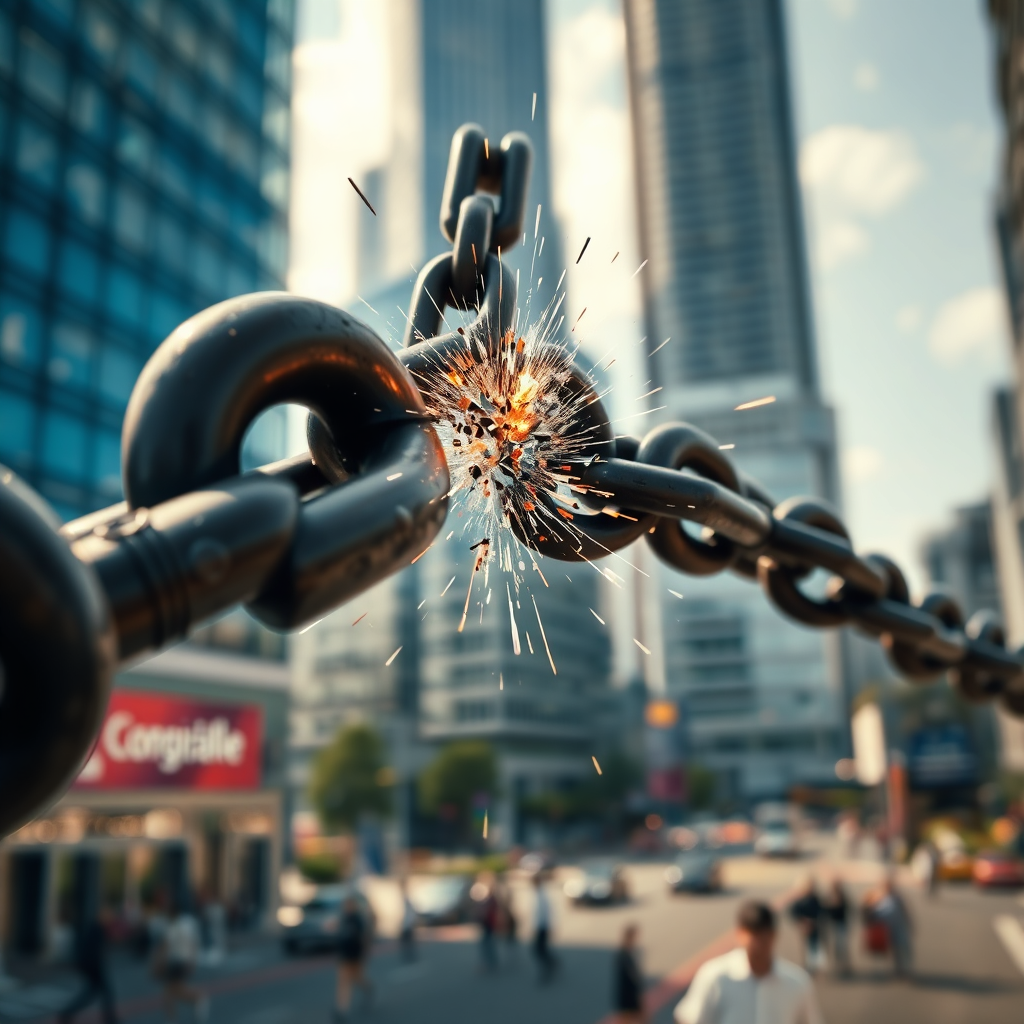 A photorealistic image depicting a large, heavy chain (representing franchise fees) breaking apart. Sparks fly as the chain shatters. In the background, slightly blurred, is a vibrant cityscape with modern buildings and bustling activity. Focus on the broken chain and the immediate surroundings. The lighting should be dynamic, emphasizing the breaking point and the energy released. The color palette is dark and metallic for the chain, contrasted with bright, hopeful colors for the background. The style is action-oriented and empowering. The camera angle should be close-up to capture the detail of the breaking chain. The image needs to convey freedom and release from financial burden and potential. Consider incorporating visual elements like glowing embers or a subtle lens flare to enhance the sense of dynamism.