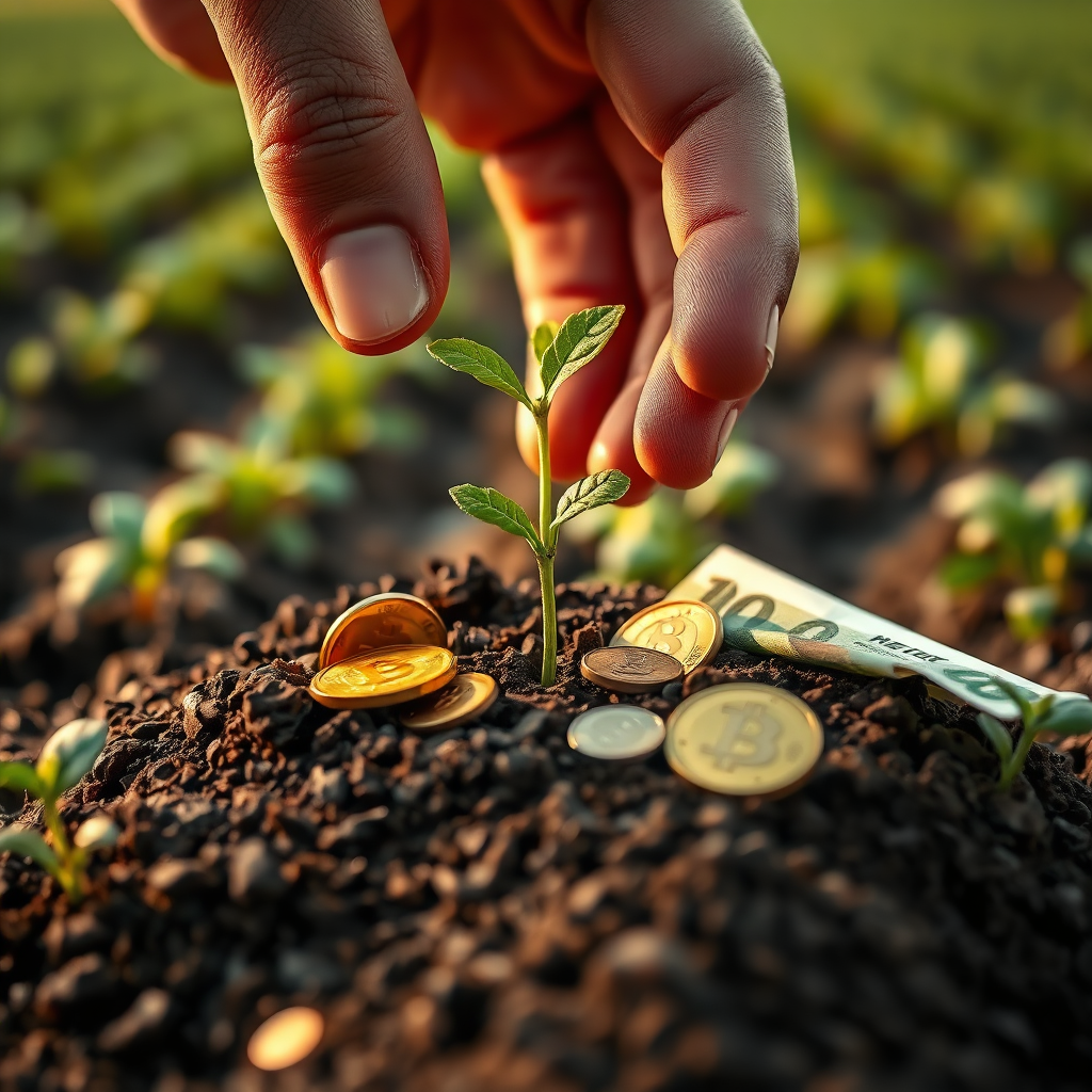 A photorealistic image depicting a hand carefully nurturing a seedling planted in rich soil. The seedling is surrounded by coins and currency notes, symbolizing profit growth. The background is a blurred field of crops, representing a thriving business ecosystem. The color palette uses earthy tones for the soil and plants, contrasted with bright golds and greens for the money. The lighting is soft and warm, creating a sense of growth and prosperity. The camera angle is low, emphasizing the potential of the seedling. The style is nurturing and hopeful, conveying the idea that with hard work and dedication, entrepreneurs can reap the rewards of their efforts. Focus on the texture of the soil and the fragility of the seedling.