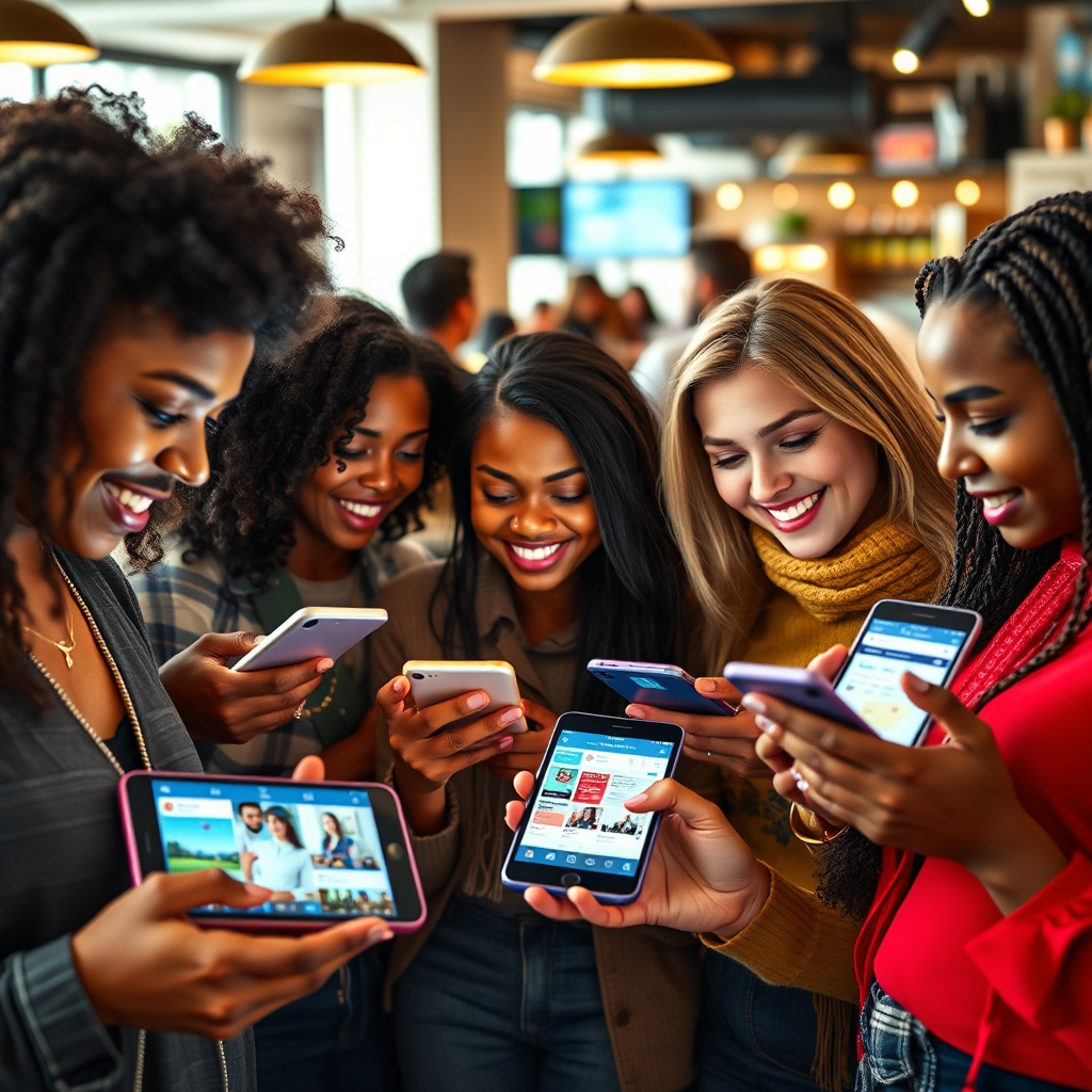 A photorealistic image depicting a group of diverse individuals interacting with their smartphones and tablets, each displaying different social media platforms. The background is a bustling café or coworking space. Focus on their engaged expressions and the vibrant content on their screens. The color palette is bright and energetic, reflecting the diverse nature of social media. The lighting is natural and warm to create a welcoming atmosphere. The camera angle is eye-level to capture the human connection and the dynamic flow of information. The style is modern and relatable, emphasizing the power of social media in connecting people and building communities. The image should convey a sense of inclusivity and the potential for entrepreneurs to connect with their target audience.