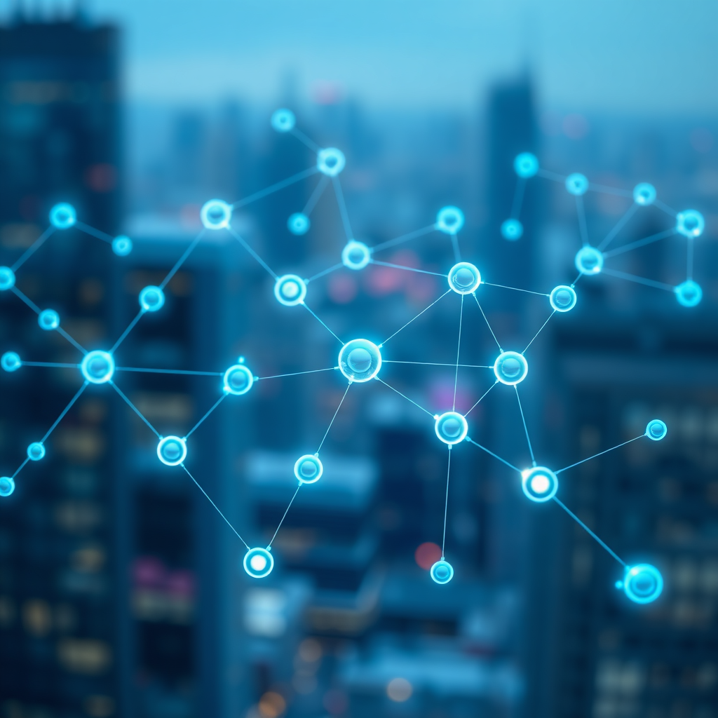 A photorealistic image showing a network of interconnected nodes, each node representing an entrepreneur. The connections between the nodes glow with light, symbolizing collaboration and shared resources. The background is a blurred abstract representation of a futuristic city. The color palette uses blues, greens, and purples to evoke a sense of technology, innovation, and community. The lighting is soft and ambient, highlighting the connections between the nodes. The camera angle is slightly elevated, providing an overview of the network. This image should symbolize the power of collaboration and the interconnectedness of the new generation of entrepreneurs. The style should be clean, modern, and futuristic, reflecting a forward-thinking mindset. Include subtle details like data streams or holographic projections to enhance the futuristic feel.