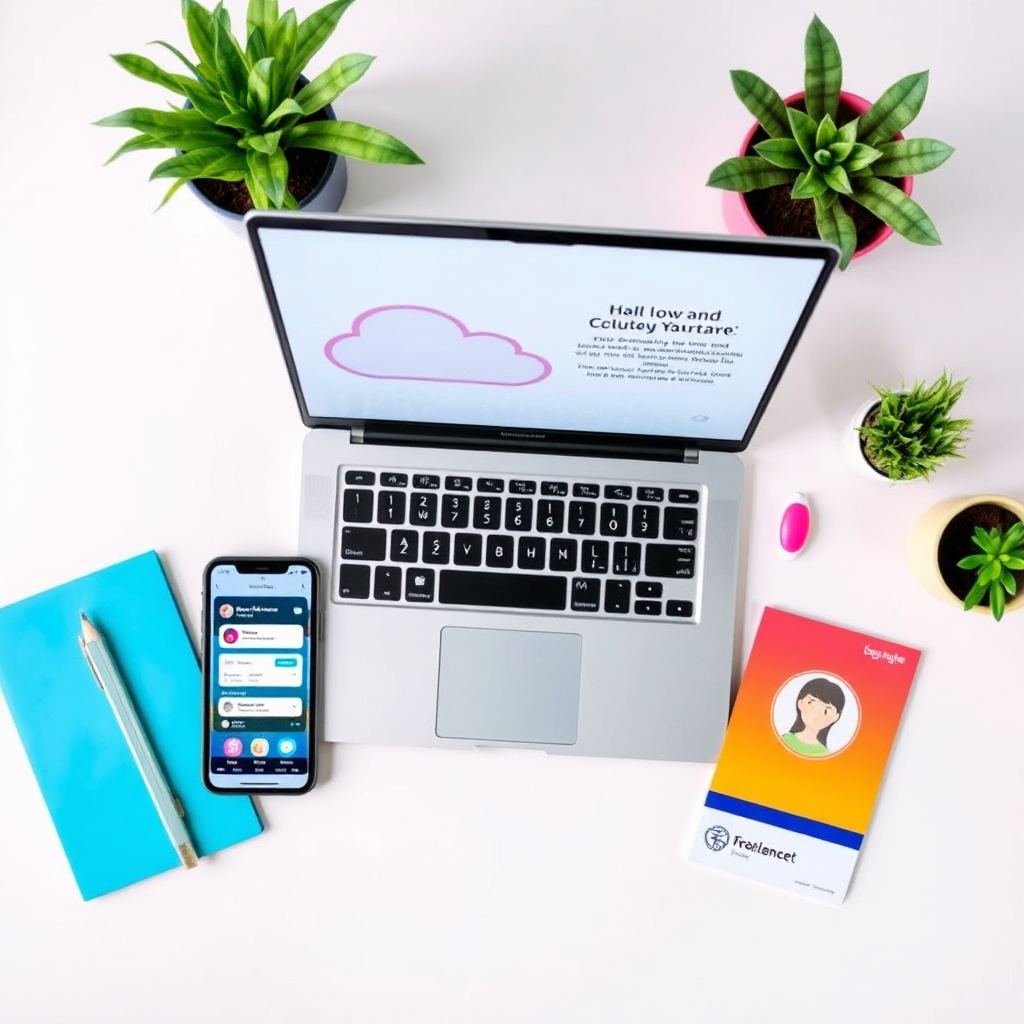 A stylized flat-lay image showcasing various tools and resources for low-cost entrepreneurship. Include a laptop displaying cloud-based software, a smartphone showing a social media platform, a coworking space pass, and a freelancer profile. The background is a clean, minimalist desk setting with plants for a touch of nature. The color palette is bright and inviting, using pastels and pops of vibrant colors to represent different resources. The lighting is soft and even to minimize shadows. The camera angle is directly overhead to showcase the arrangement of the items. The style is modern and accessible, emphasizing ease of use and practicality. This image should convey the idea that affordable tools and resources are readily available for aspiring entrepreneurs.