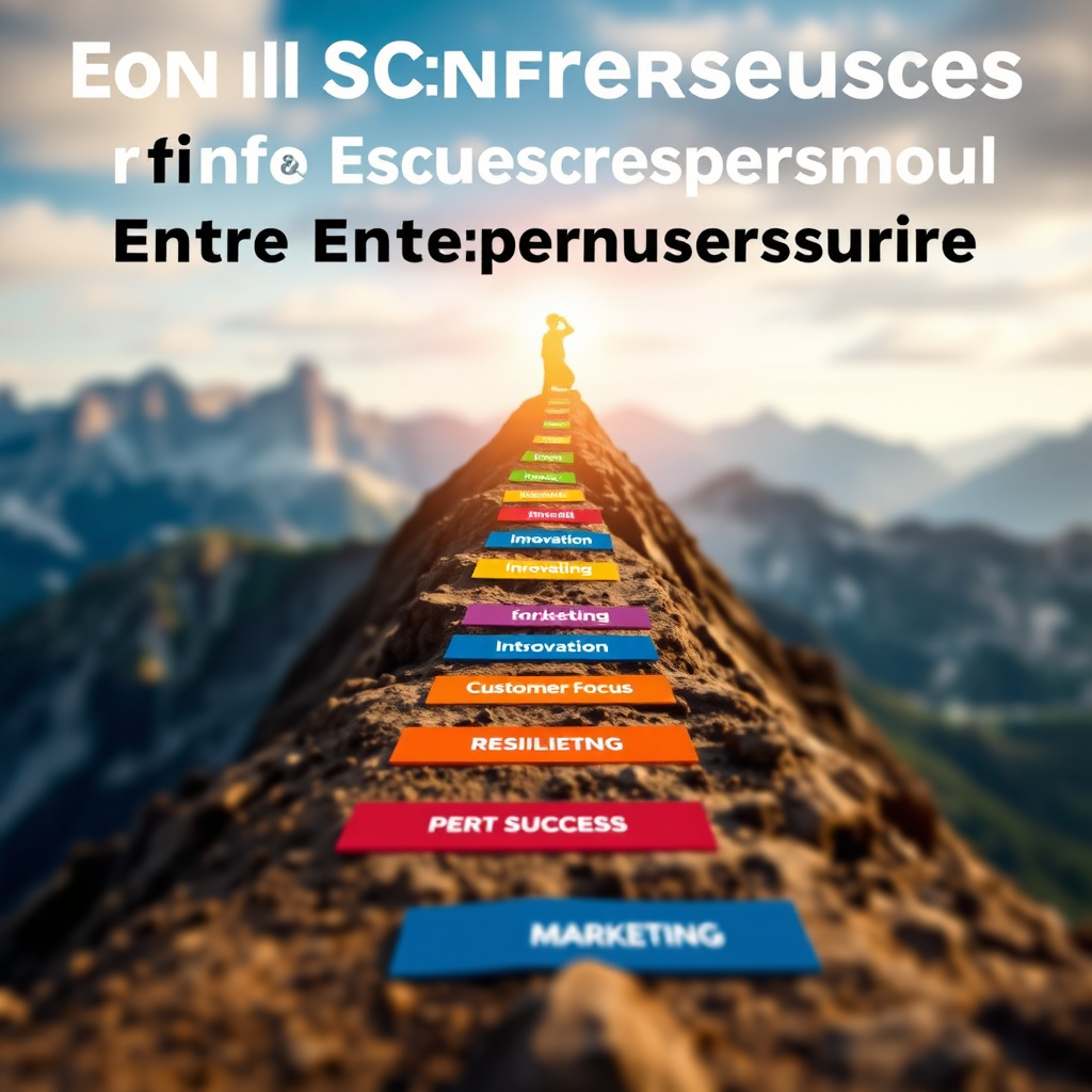 A stylized image featuring a path leading upwards to a summit with a shining beacon at the top. Along the path are milestones labeled with key success factors like 'Innovation,' 'Customer Focus,' 'Resilience,' and 'Marketing.' The background is a blurred landscape of mountains and valleys, symbolizing the challenges and rewards of entrepreneurship. The color palette uses earthy tones for the path and vibrant colors for the milestones and beacon. The lighting is dramatic, with the beacon casting a long, hopeful ray of light. The camera angle is low, emphasizing the height of the summit and the journey ahead. The style is inspirational and aspirational, conveying the idea that success is achievable with the right mindset and strategies. This should represent guidance drawn from previous success stories.