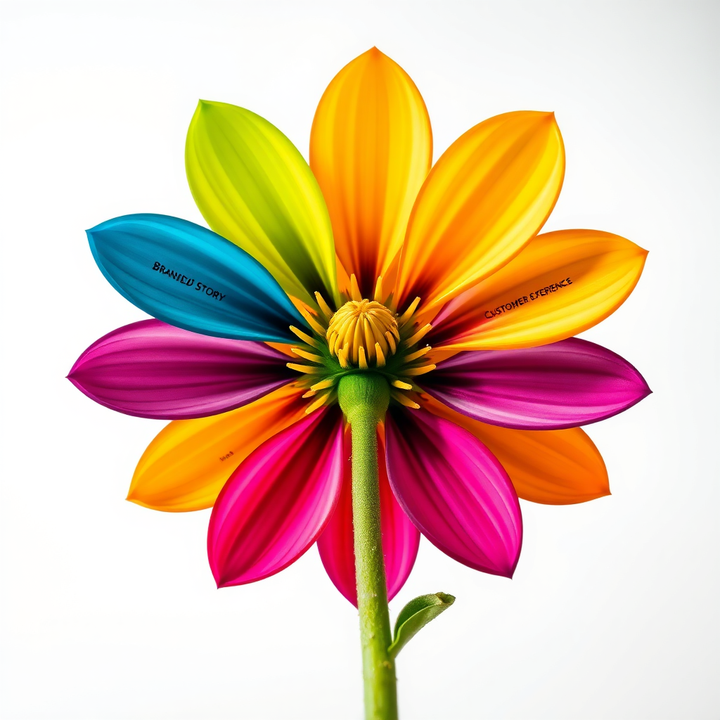 A stylized image of a blooming flower, each petal representing a different aspect of brand building: 'Brand Story,' 'Product Uniqueness,' 'Customer Experience,' 'Innovation,' etc. The flower is vibrant and colorful, set against a clean, minimalist background. The style is clean and modern with a touch of whimsy. The camera angle is eye-level, focusing on the beauty and complexity of the flower. The lighting is soft and diffused to enhance the colors and details. It should represent a thriving brand ecosystem, nurtured and unique. The imagery should evoke a sense of growth, potential, and the delicate balance of building a brand from scratch. The color palette should be diverse and harmonious, reflecting the multi-faceted nature of branding.