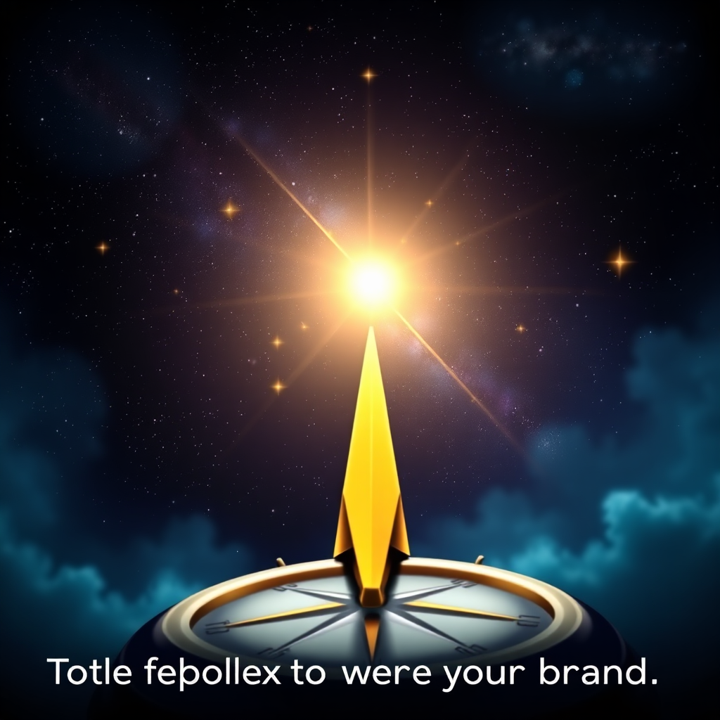 A stylized image of a compass pointing towards a star-filled sky. The compass represents direction and control, while the stars symbolize unlimited possibilities. The background is a dark, expansive space filled with galaxies and nebulae. The color palette uses deep blues and purples for the sky, contrasted with bright golds and silvers for the stars and compass. The lighting is subtle and ethereal, creating a sense of wonder and inspiration. The camera angle is slightly elevated, emphasizing the vastness of the universe and the potential for entrepreneurs. The style is dreamy and aspirational, conveying the idea that the possibilities are limitless when you have control over your brand. This should visually communicate total control and unlimited upside.