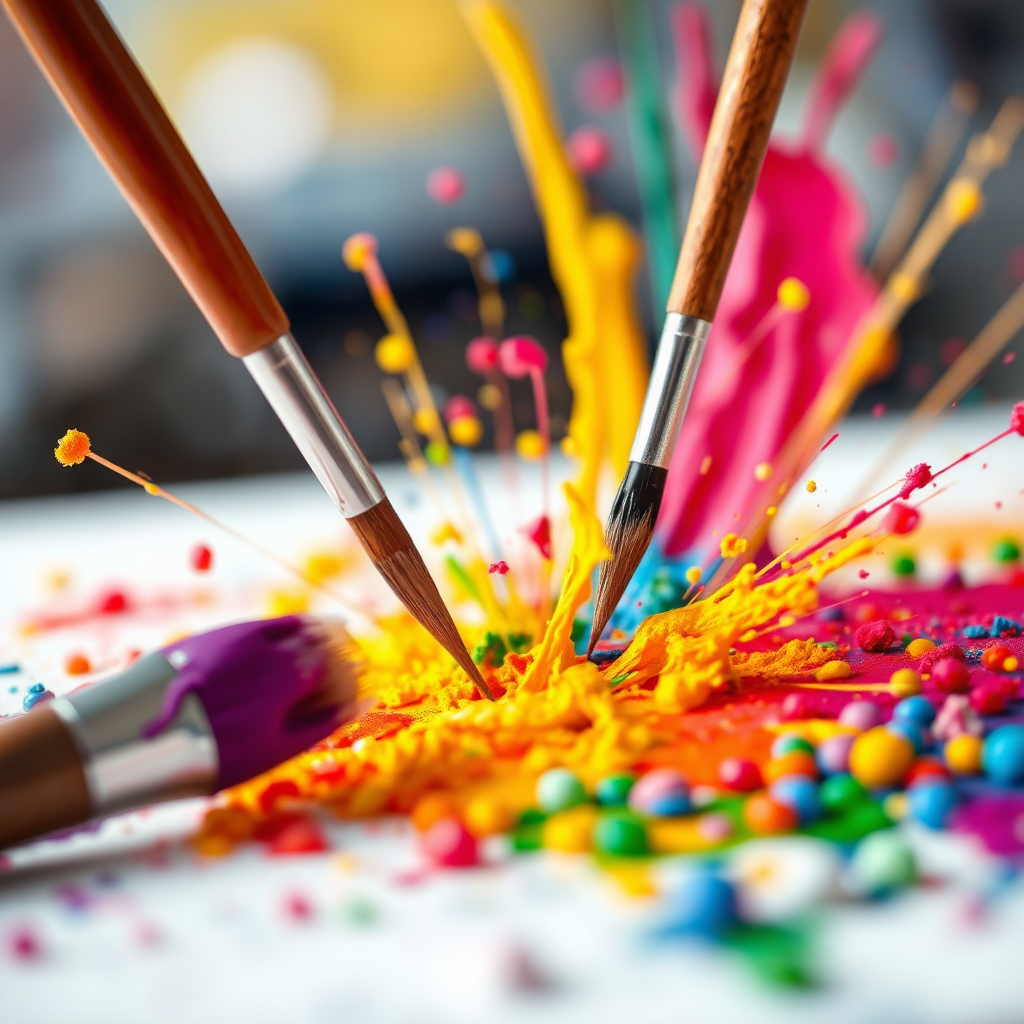 An abstract photorealistic image depicting paintbrushes of various sizes and colors creating a vibrant explosion of color on a blank canvas. The background is blurred, focusing on the dynamic energy and creativity of the process. The color palette is rich and diverse, reflecting the limitless possibilities of artistic expression. The lighting is bright and dynamic, capturing the movement and energy of the paint. The camera angle is close-up, emphasizing the texture and detail of the paint. The style is artistic and expressive, conveying the idea that entrepreneurship is a form of creative expression. The brushstrokes should imply different artistic styles, symbolizing creative freedom.